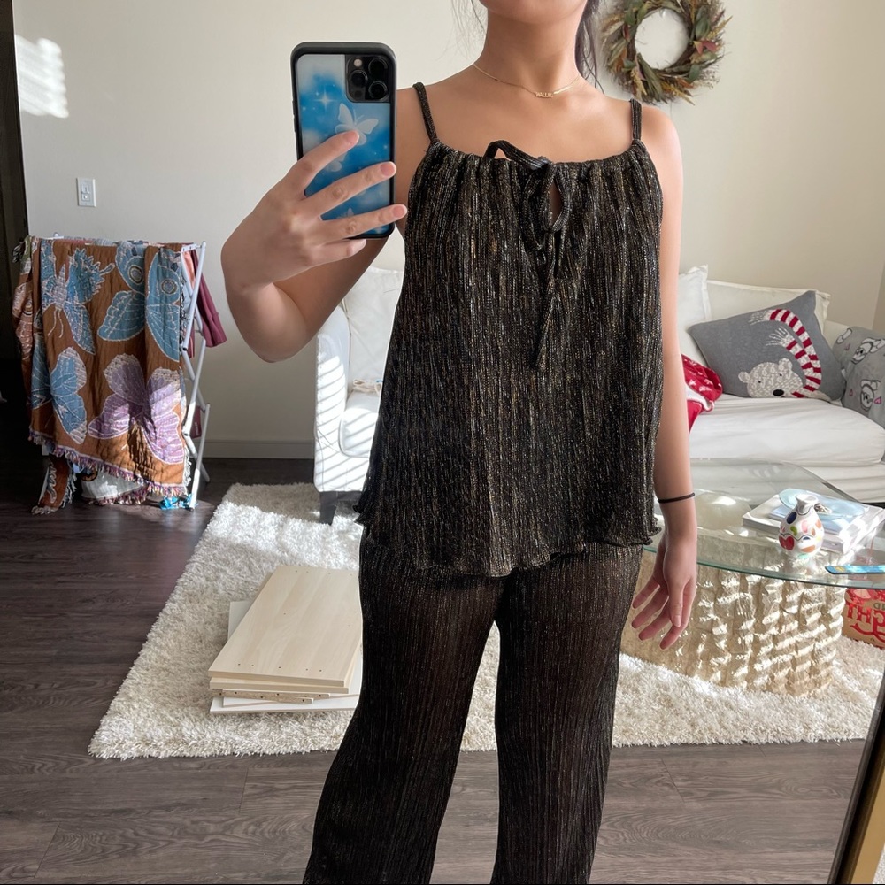 black sparkly flowy top and pants set